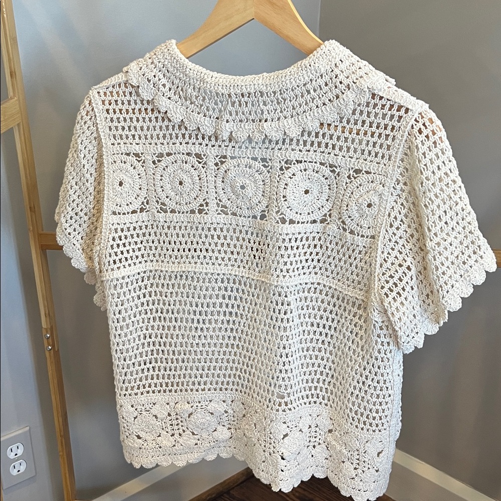 Hem & Thread Crocheted Button Front Top - Off Whi… - image 2
